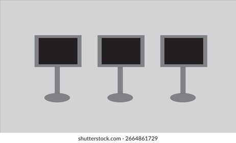 Drei schwarze Monitore auf Ständer, minimale technische Vektorsymbole