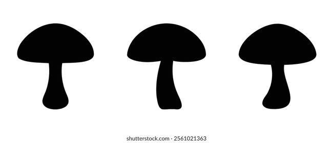 Three black mushroom silhouettes in a simple, minimalistic style, arranged in a row. Ideal for nature, botanical, or culinary-themed design projects