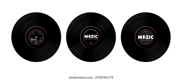 Três designs de discos de música negra. Conceito de coleção de música retro para entretenimento de áudio. Vinil vinyl disk gráfico vintage.