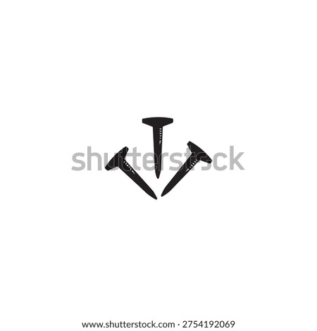 Three black nails pointing downwards on a white background, metal fasteners.
