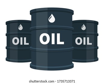 Three black oil barrels isolated, fuel, gasoline, petroleum, flat vector illustration on white background.
