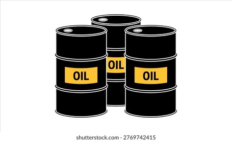 Three black oil drums with yellow labels reading O I L arranged in a cluster on a white background barrel