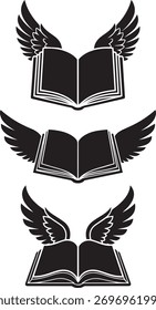 Three black open books with stylized wings are arranged vertically against a white background.
