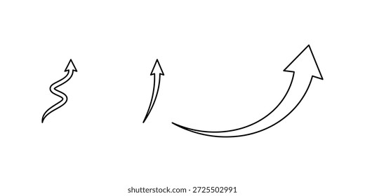 Three black outline arrows pointing upwards on white background direction growth progress des