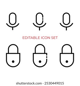 Three black outline microphone icons with different styles and three lock icons with different styles.