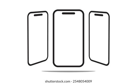 Three black outline smartphone icons in different positions with rounded corners, front-facing speaker slots, and shadows beneath. Minimalistic design on a white background.