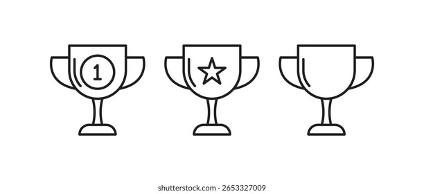 Three black outline trophy cups on white background one with 1 one with star one plain