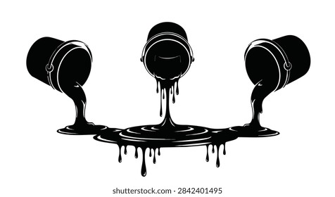 Three black paint cans dripping thick liquid