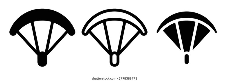 Three black parachute icons on white, symbolizing adventure, safety, and emergency landing