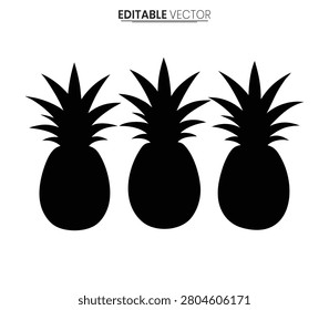 Three black pineapple silhouettes are presented as a vector illustration on a white background. The shapes are solid and isolated.