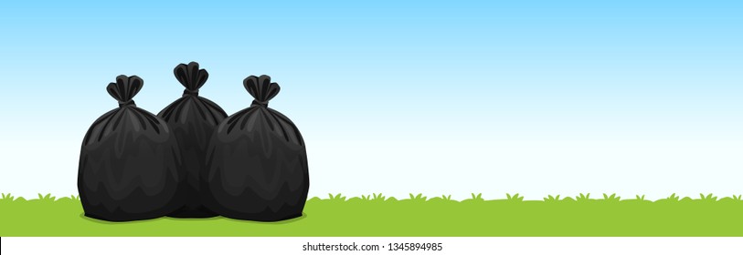 three black plastic garbage bags on the grass blue sky background, garbage bags for waste, pollution plastic bag waste, 3r ad, waste plastic bags and copy space for banner advertising background