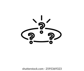 Three black question marks form a circular pattern, with lines above the top mark highlighting focus, curiosity, or uncertainty