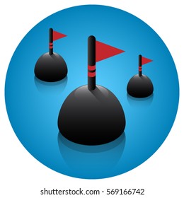 Three black and red buoys on a round blue background.