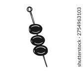 Three black ripe olives on a cocktail skewer, for food presentation, restaurant menus, branding, logo. Vector illustration