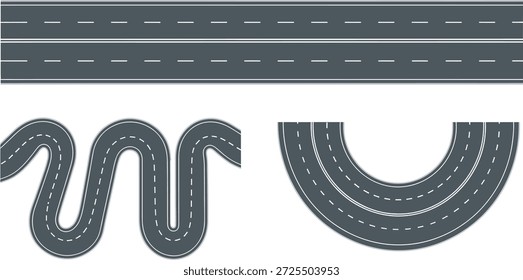 Tres piezas negras de la pista de carretera para los coches de juguete o los circuitos de carreras del modelo en un fondo blanco