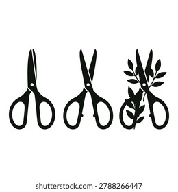 Three black scissor icons with and without leaves cut simple tool illustrations icon