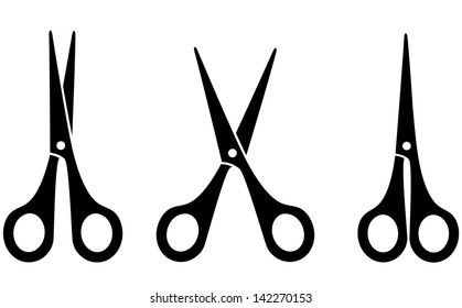 three black scissors on white background