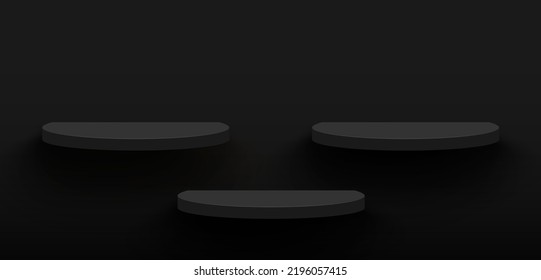 Three black semicircular pedestals, Scenes for product display, advertising, and show on dark wall background. Vector illustration.