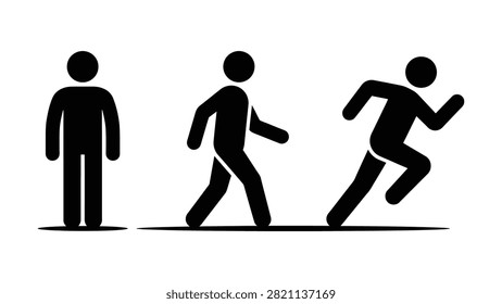 Three black silhouette figures depict standing walking and running motions