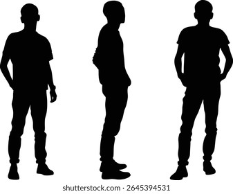 Three black silhouette figures of a man in casual clothes, standing in different poses against a white background.