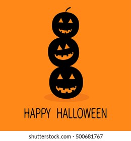 Three black silhouette funny smiling pumpkins. Cute cartoon baby character. Happy Halloween. Greeting card. Orange background. Flat design. Vector illustration
