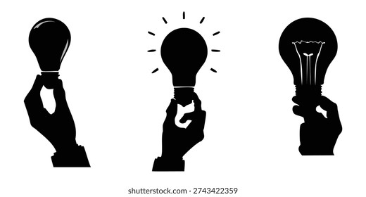 Three black silhouette hands holding light bulbs, one is lit up, symbolizing ideas and innovation.