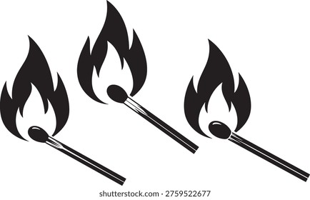 Three black silhouette icon burning matches, fire, flame, ignition, danger