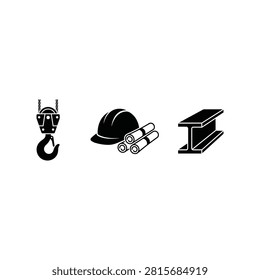 Three black silhouette icons representing construction industry elements crane hook hard hat and steel beam on white background