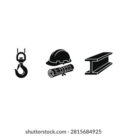 Three black silhouette icons representing construction industry elements crane hook hard hat blueprint and steel beam on a white background