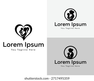 Três logotipos de silhueta preta com uma mãe segurando um bebê. Um está dentro de uma forma de coração, os outros dentro de círculos. Há espaços reservados para texto.