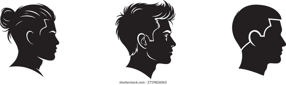 Tres vistas de perfil de silueta negra de cabezas de hombres con diferentes peinados masculinos