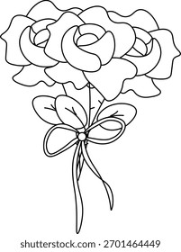 three Black silhouette of rose with bow bouquet Valentine's Day composition. Vector graphic line illustration. design for fashion graphics, textile prints, fabrics, wallpapers.

