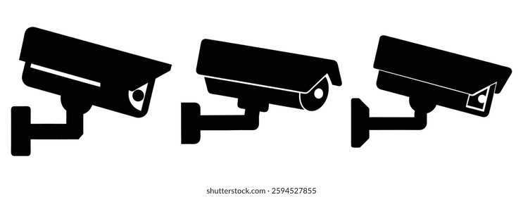 Three Black Silhouette Security Cameras on White Background