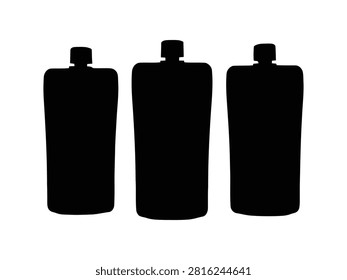 Three black silhouette squeeze pouches with caps, isolated on a white background for food and beverage packaging and branding concepts.