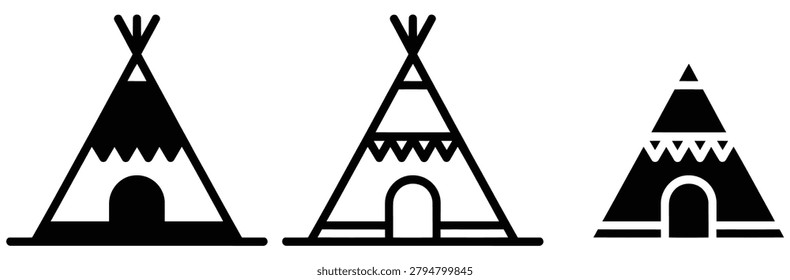 Three black silhouette teepee tent icons on white background for travel and camping conceptual use