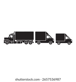 Three black silhouette trucks of different sizes are depicted side by side on a white background.