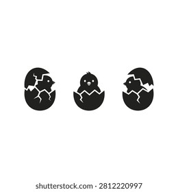 Three black silhouettes of birds hatching