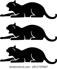 Three black silhouettes of cats in a lying down or crouching position with mouths open, isolated on a white background, for projects