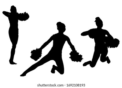 Three black silhouettes of cheerleader girls on a white background. Cheerleading, performance, training, team, group, support. Support Group.
