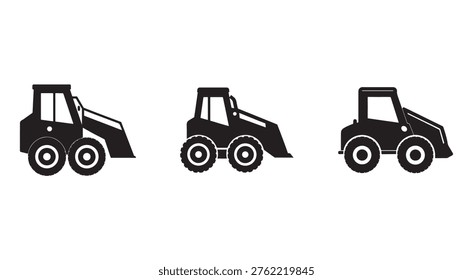 Three black silhouettes of different wheel loaders or frontend loaders in various positions and angles for construction or industrial use side views