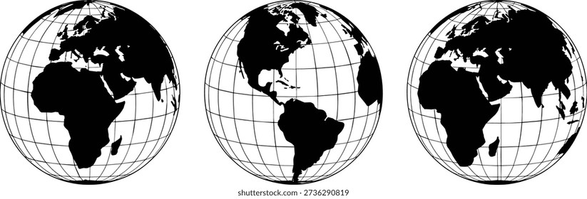 Three black silhouettes of the Earth globe, complete with a latitude and longitude grid, offering a classic view of our planet.