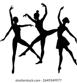 Three black silhouettes of female dancers in graceful poses, one with a bun, against a white background, showcasing ballet and modern dance movements.