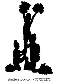 Three black silhouettes of girls cheerleaders on a white background. Sports, cheerleading, split. Girls from support group, cheerleading.