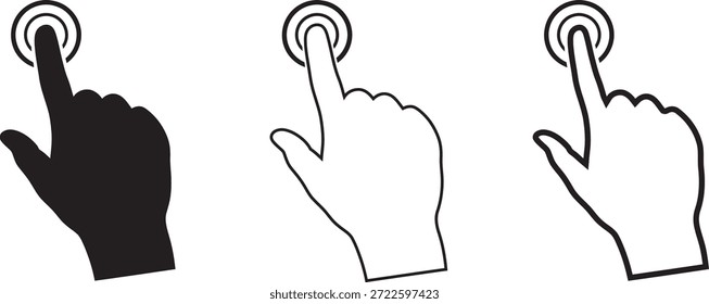 Three black silhouettes of hands interacting with concentric circle icons on a white background