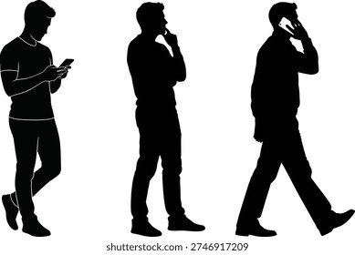 Three black silhouettes of individuals walking while engaged with their mobile phones in different postures.