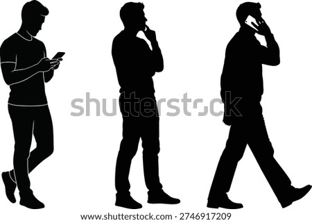 Three black silhouettes of individuals walking while engaged with their mobile phones in different postures.