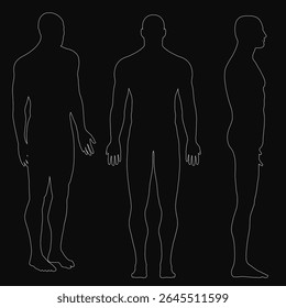 Três silhuetas pretas de um homem estão em forte contraste com um fundo escuro, criando um efeito de contorno impressionante. A composição minimalista enfatiza a forma humana com contornos limpos e ousados.