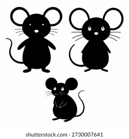 Três silhuetas pretas de ratos em poses diferentes sobre um fundo branco.   