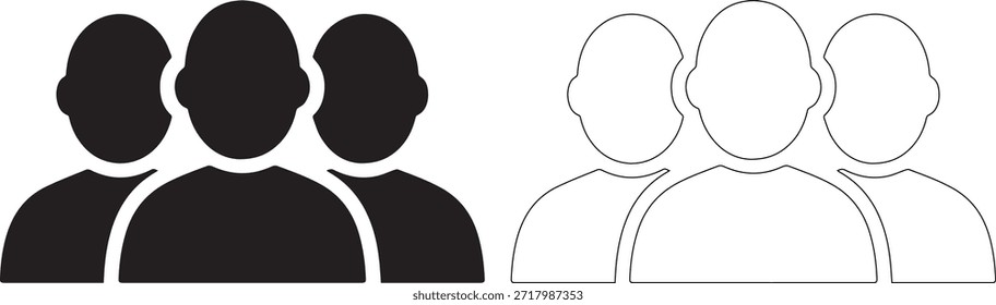 Tres siluetas negras junto a tres personas blancas delineadas sobre un fondo blanco puro, adecuado para diversas aplicaciones de diseño