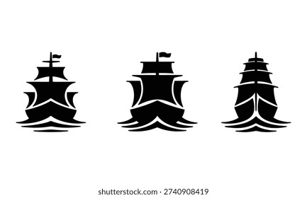 Three black silhouettes of old sailing ships on water ocean sea
